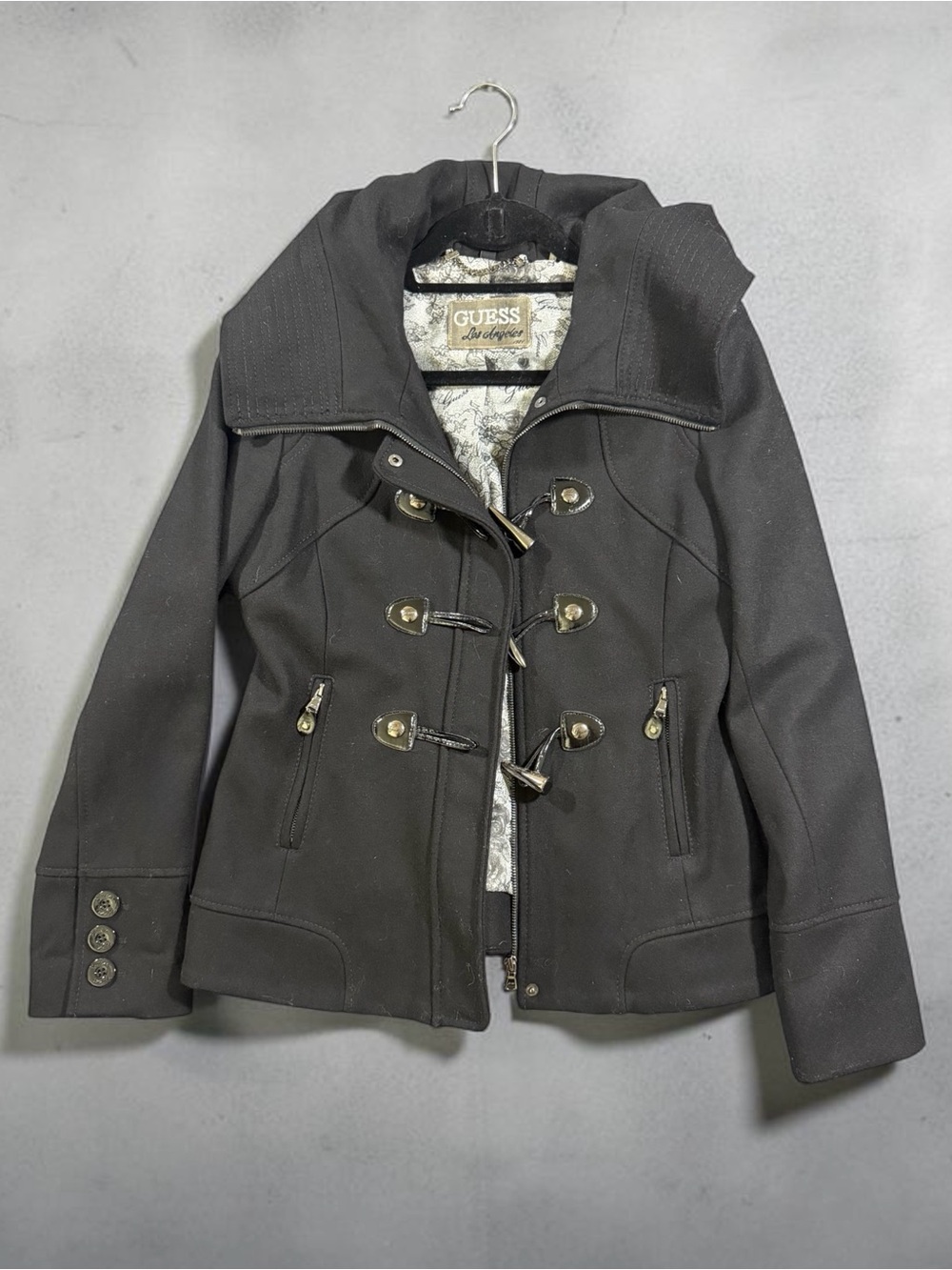 GUESS Black Toggle-Front Pea Coat with Wide Collar